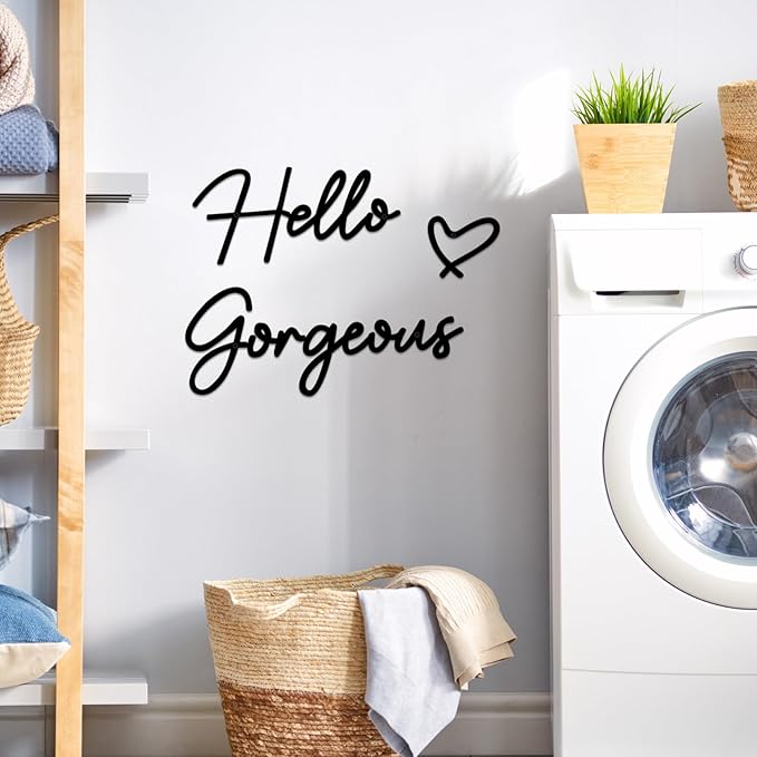 Hello Gorgeous Metal Wall Art Decor Black Modern Hello Gorgeous Signs Farmhouse Metal Wall Art Hanging Decoration for Home Bathroom Living Room Bedroom Office Hotel Wall Decoration (Black)