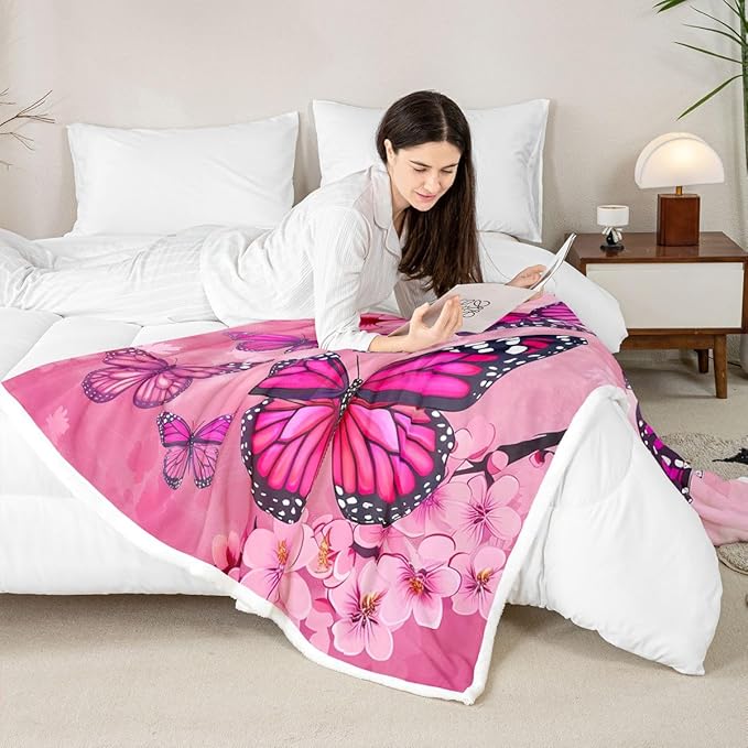Purple Butterfly Blanket Throw Pink Floral Sherpa Blankets Spring Cherry Blossom Fleece Blankets For Kids Girls Women Fairy Fantasy Garden Theme Fuzzy Blanket Bedroom Sofa Decor Throw 50"X60"
