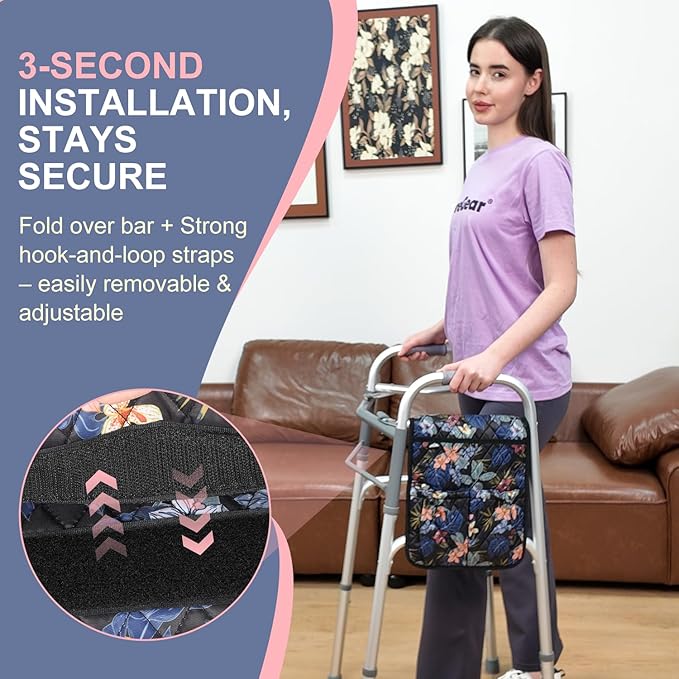 supregear Walker Bag, Universal Seniors Caddy Organizer with Multiple Pockets, Lightweight Accessories for Elderly, Rollators, Wheelchairs and Bedside Rails, Easy to Use Storage Pouch, Floral Black