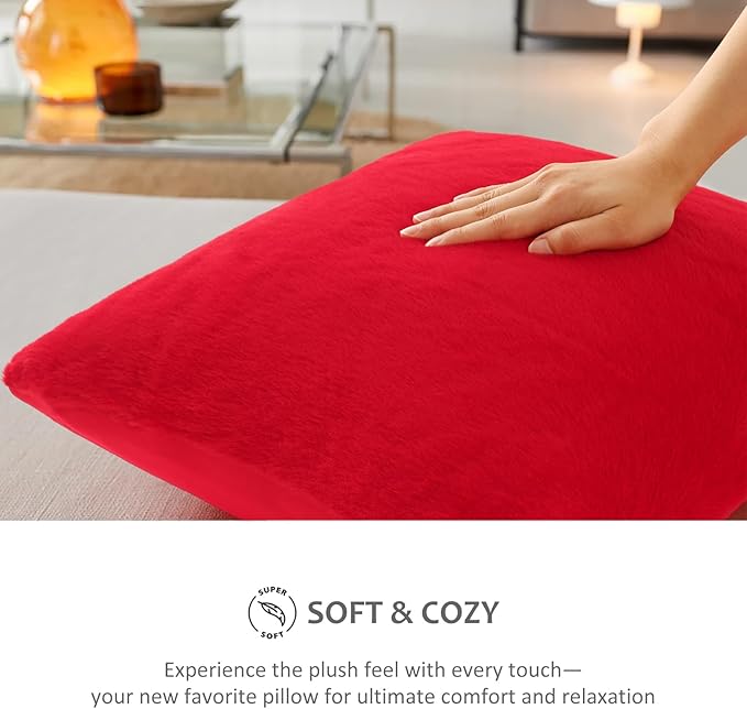 Pallene Faux Fur Plush Christmas Throw Pillow Covers 16x16 Set of 2, Soft Fluffy Couch Pillow Covers for Living Room, Red
