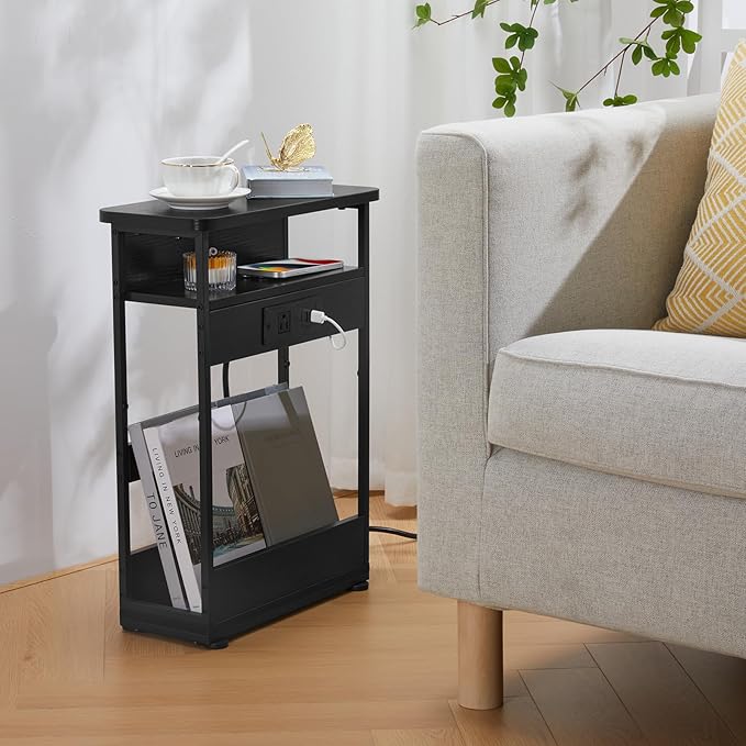 Narrow Side Table with Charging Station, 3-Tier End Table with 2 USB Ports & Power Outlets,Thin Sofa Side Table for Narrow and Small Spaces, Bedside Table Nightstand for Living Room,Black