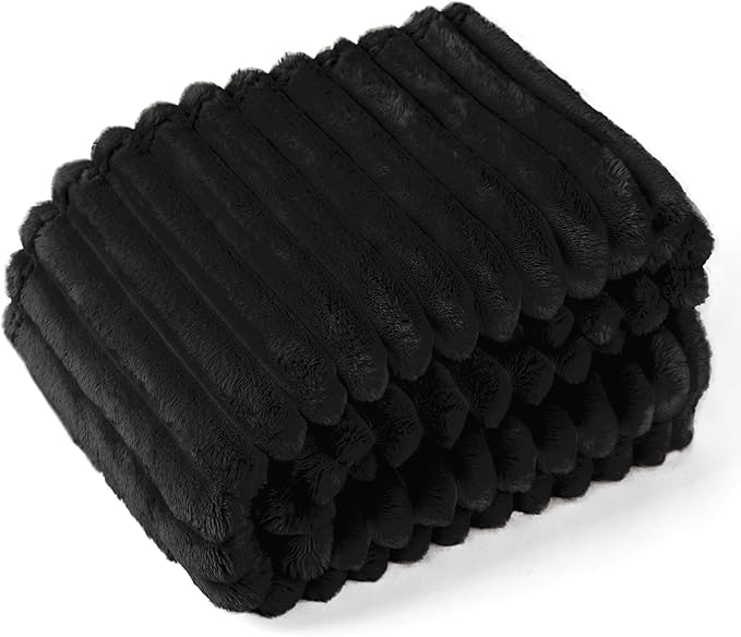 EXQ Home Fleece Blanket Queen Size for Couch or Bed - 3D Stripe Jacquard Decorative Blankets - Cozy Soft Lightweight Fuzzy Flannel Blanket Suitable for All Seasons(90"×90",Black)