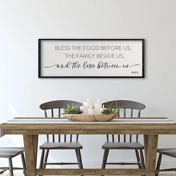 comurdyo Bless the Food Before Us Sign, 32" X 12" for Dining Room Kitchen Large Vintage Wall Decor, Farmhouse Christian Scripture Wooden Framed Religious Wall Hanging Art (Black)