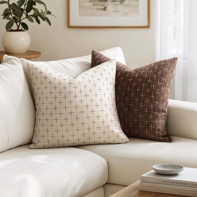 MIULEE Pack of 2 Decorative Vintage Burlap Linen Brown Throw Pillow Covers Modern Farmhouse Pillowcases Rustic Woven Textured Cushion Cover for Sofa Couch Bed 18x18 Inch Dark Coffee