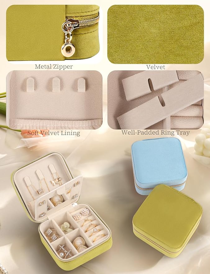 Plush Velvet Travel Jewelry Case Small Jewelry Box Jewelry Organizer Storage Case Portable Jewelry Travel Case for Girls Womens Earring, Necklace, Rings,Bracelets with Mirror