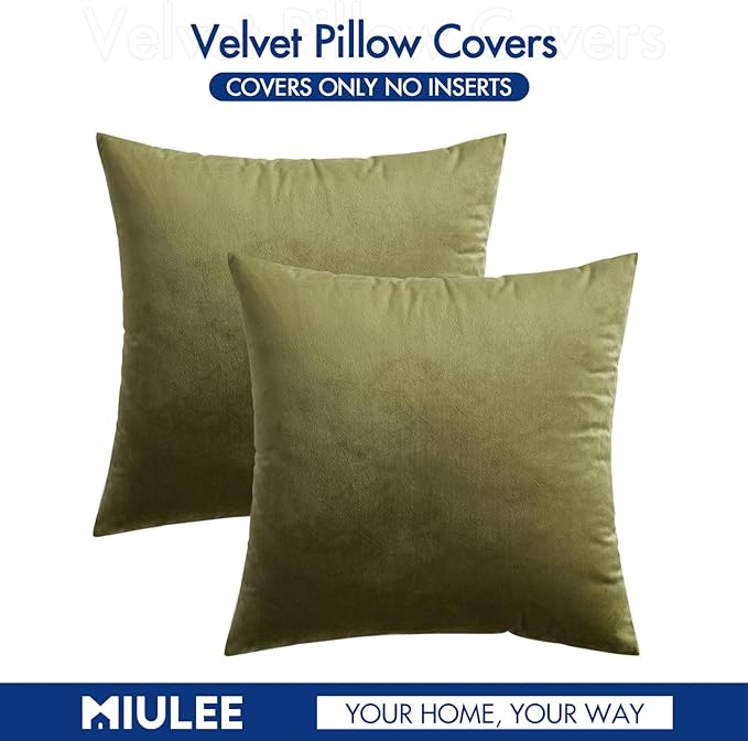 MIULEE 24x24 Inch Euro Sham Velvet Pillow Covers, Set of 2 Large Square Decorative Pillows -Olive Green Super Soft for King Bed, Sofa, Couch, Accent Chairs with Hidden Zipper