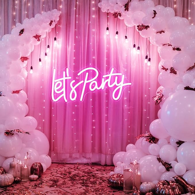 Let's Party Neon Sign, LED Dimmable Let's Party Light Up Sign Neon Light Signs for Wall Decor Art Decorative Lights for Birthday, Wedding, Bachelorette, Engagement Party Decorations 15.91x7.09 Pink