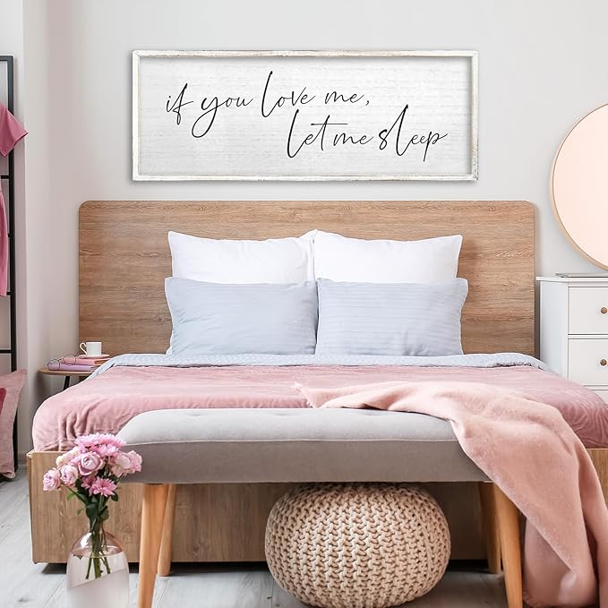 TQianJiang Master Bedroom Above Bed Wall Decor Art Funny Sleep Quote 40"×15" If You Love Me Let Me Sleep Sign Large Rustic Farmhouse Wood Framed for Couples Over Bed Wall Hanging (White)