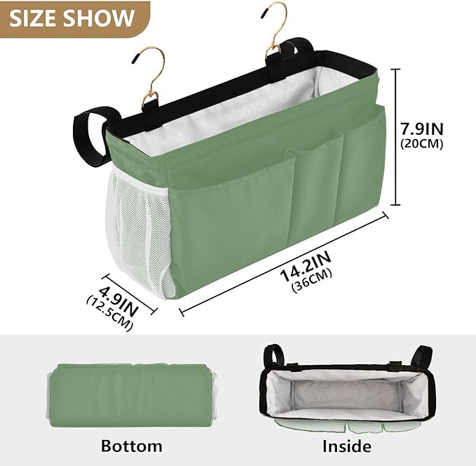 DOMIKING Sage Green Bedside Caddy for Dorm Bed Recliner Armrest Organizer with Hooks Haning Storage Pocket for Couch Recliner Remote Control