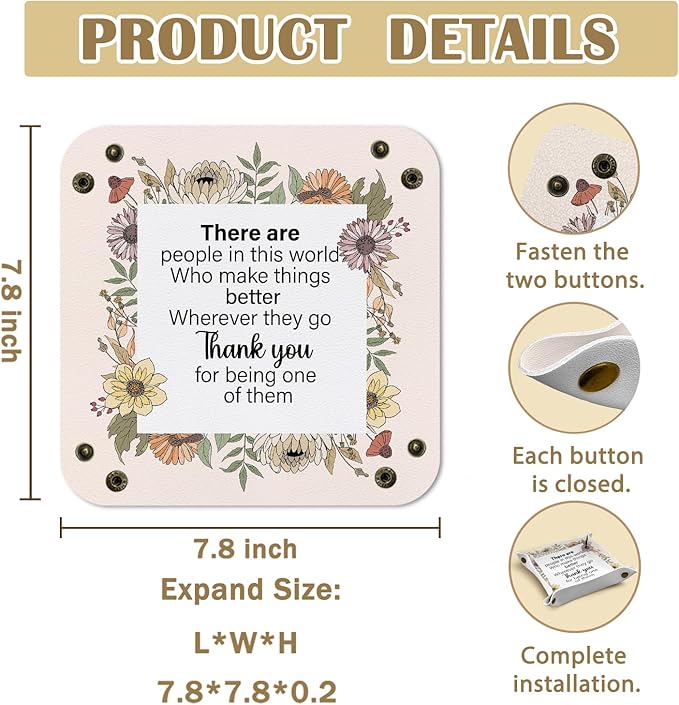 Thank You Gifts Jewelry Valet Tray for Women, Appreciation Gifts for Teacher Friends Coworkers PU Leather Catchall Beside Caddy Nightstand Organizer Tray for Jewelry Rings Watches, 7.87x7.87in