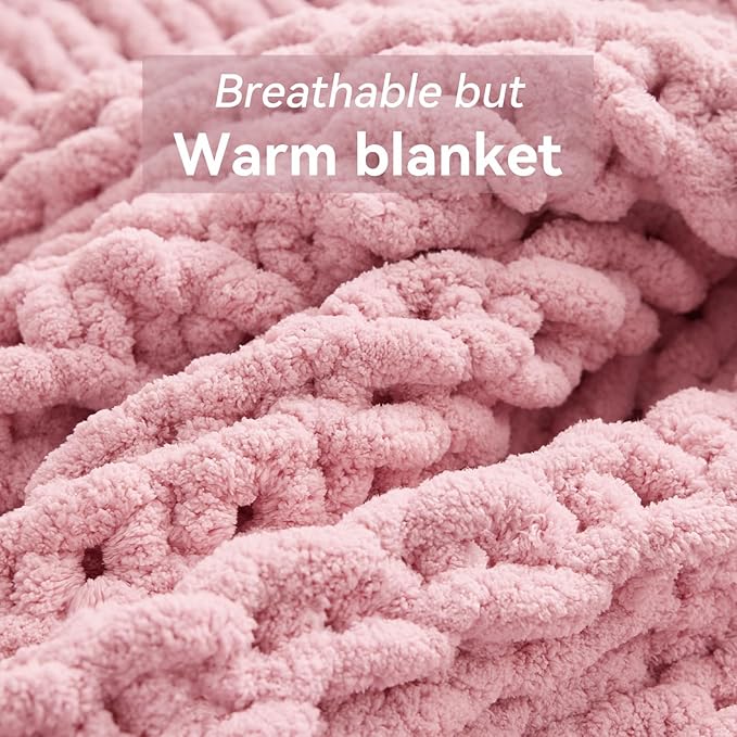 Chunky Knit Throw Blanket, 80''*90'' Knitted Throw Chenille Yarn for Bed Couch, Handmade Light PinkCrochet Big Thick Blanket, Machine Washable Cute Comfy Blanket for Home Decor