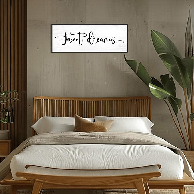 Sweet Dreams Wall Decor Above Bed: 40x15 Inch Framed Canvas Bedroom Wall Art, Farmhouse Bedroom Sign Rustic Hanging Plaque for Master/Guest Room Modern Home Decor