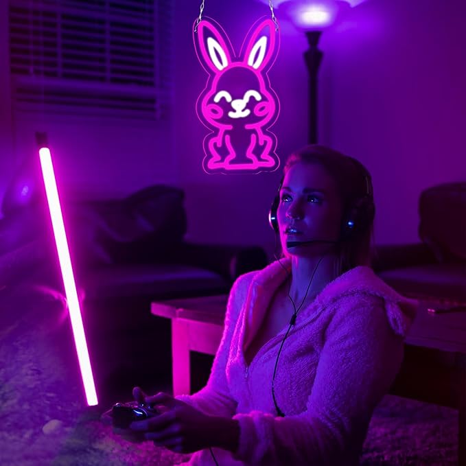 Easter Rabbit Neon Sign for Wall Decor,Dimmable Led Pink Rabbit Neon Signs, USB Powered Rabbit Neon Lights for Children's Room Decoration, Easter Gifts, Birthday Parties Gift