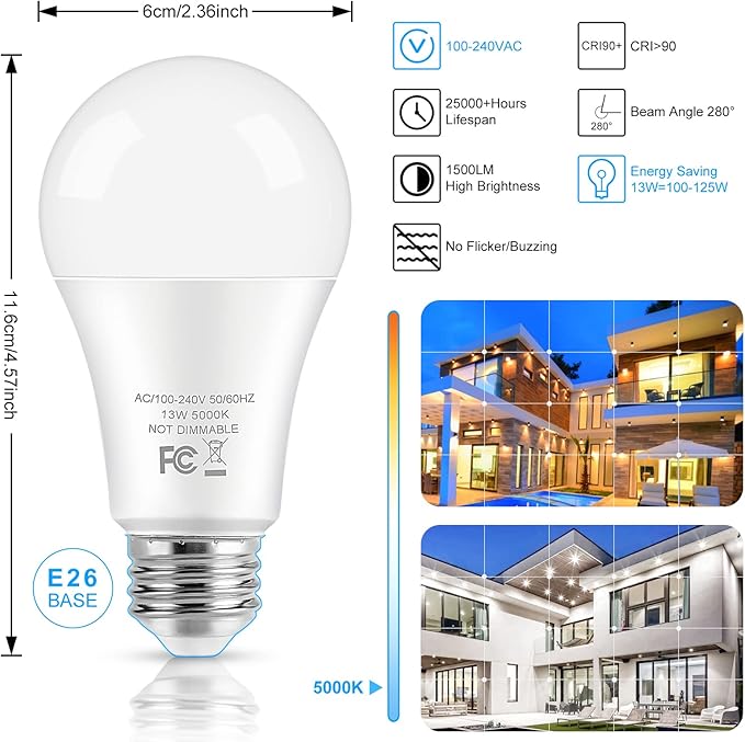 LED Light Bulbs, 100 Watt Equivalent A19 LED Bulbs, 13W 5000K Daylight White 1500 Lumens Non-Dimmable Bright E26 Edison Medium Screw Bulbs for Home Bedroom Living Room Office Outdoor Lamp, 30-Pack