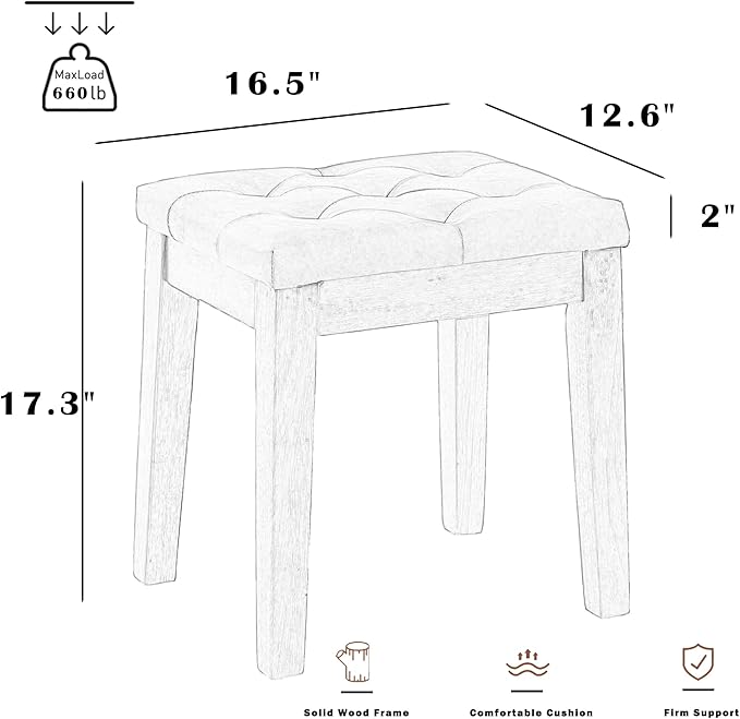 Upholstered Ottoman Stool with Padded Seat, Tufted Vanity Stool with Solid Wood Legs, Accent Stools, Faux Leather Retro Brown