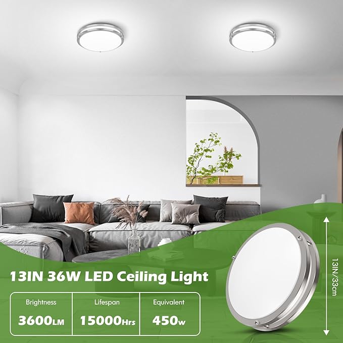 13 inch Dimmable LED Ceiling Light Fixture, 36W Super Bright 3600 Lumens Brushed Nickel Flush Mount Light Fixture, 2700K-6500K Adjustable Ceiling Lights for Bedroom, Kitchen, Bathroom, 1-Pack