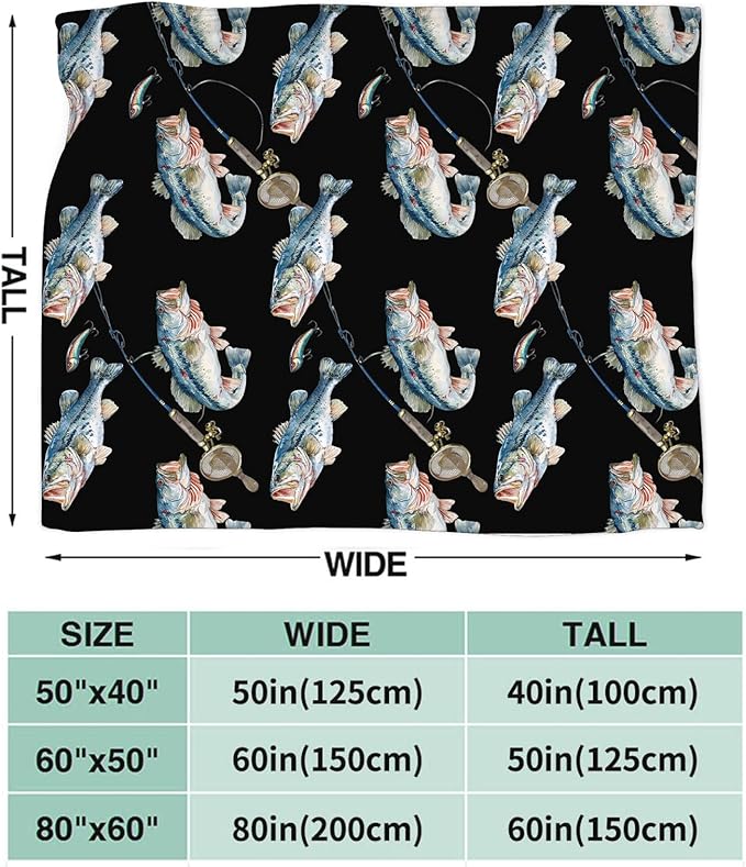Bass Fish Blanket for Girls Women Boys Men Adults Kids Soft Cozy Fleece Fishing Throw Blankets Fisherman Gifts Warm Flannel Plush Lightweight Decor for Couch Bed Sofa 50"X40"