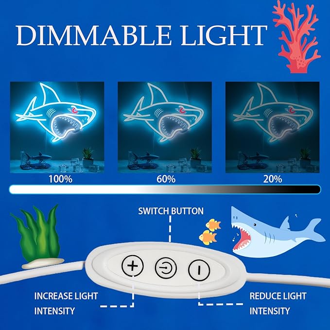 Shark LED Neon Sign, Dimmable USB Powered Wall Night Light for Bedroom, Game Room, Man Cave, Shark Wall Decor, Birthday Christmas Gift for Boys and Men, 15 x 11.5 inch