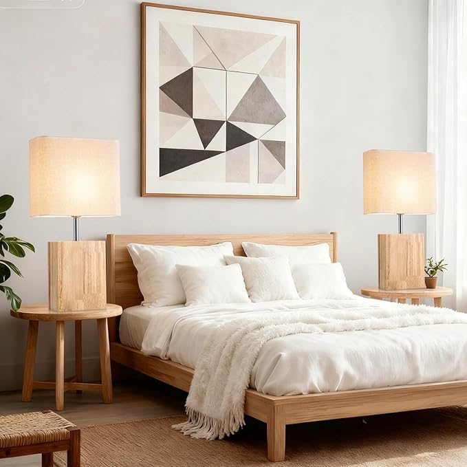 lapupu 23" Wood Table Lamp Set of 2 for Living Room, Modern Bedside Lamps for Bedroom, Large Farmhouse Nightstand Lamp, Desk Lamps for End Table Home Decor, Natural Wood