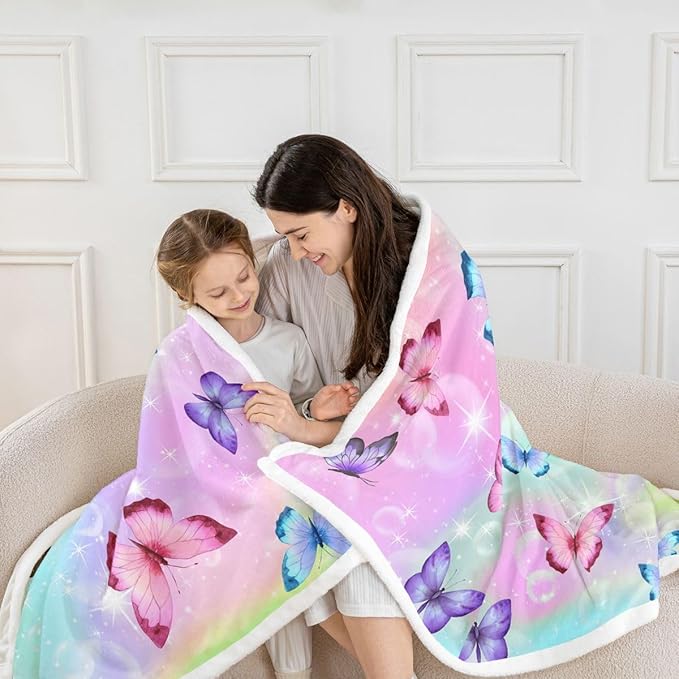 Erosebridal Rainbow Butterfly Fleece Throw Blanket Throw 50"X60",Colorful Butterfly Gifts for Girls Women Adult,Glitter Stars Galaxy Sherpa Blanket for Bed Couch,Soft Lightweight Flannel Blanket