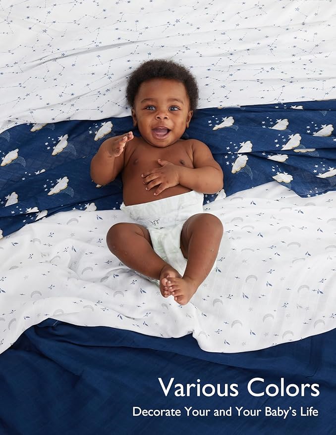 Momcozy Muslin Swaddle Blankets, 4-Pack Breathable and Skin-Friendly Receiving Blankets, Swaddle Blanket Shower Gifts & Baby Registry Essentials, Large 47"x47", Midnight Star Clouds