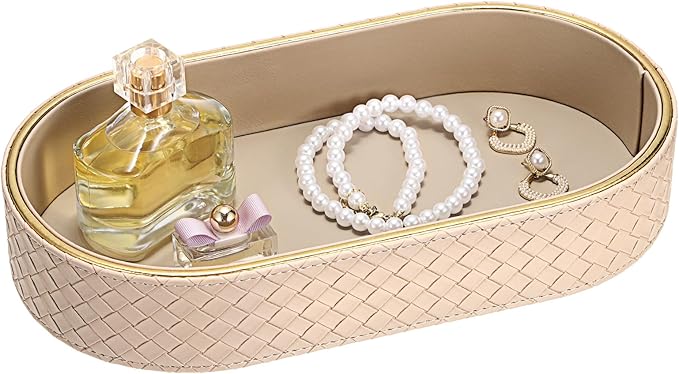 Hipiwe Perfume Trays PU Leather Vanity Tray for Dresser Bathroom Valet Trays Oval Desk Tray Jewelry Dish Holder Decorative Catchall Trays Nightstand Organizer, Beige