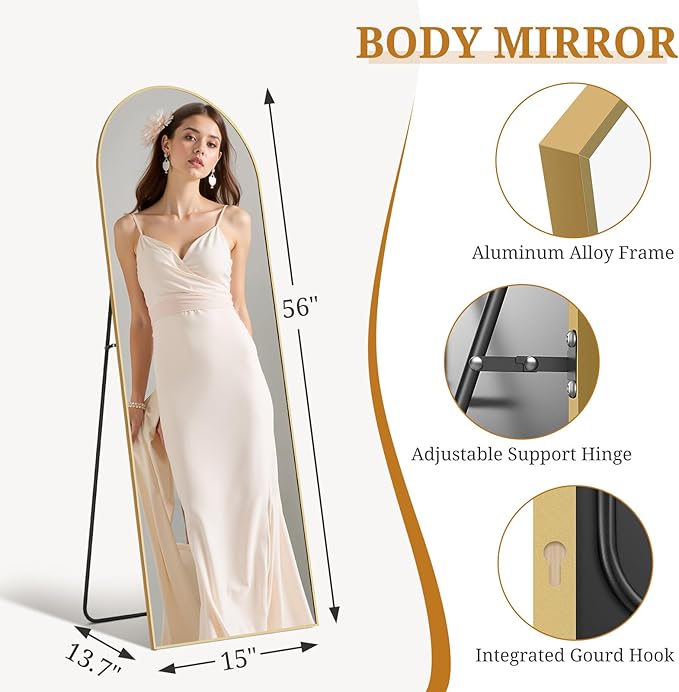 Full Length Mirror 56"x15" Full Body Mirror Arched Free Standing Wall Mounted Leaning Floor Mirrors with Stand Aluminum Alloy Frame for Bedroom Cloakroom, Gold