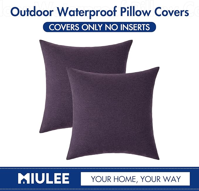 MIULEE Pack of 2 Decorative Outdoor Solid Waterproof Throw Pillow Covers Faux Linen Garden Farmhouse Cushion Cases for Patio Tent Balcony Couch Sofa 16x16 Inch Purple