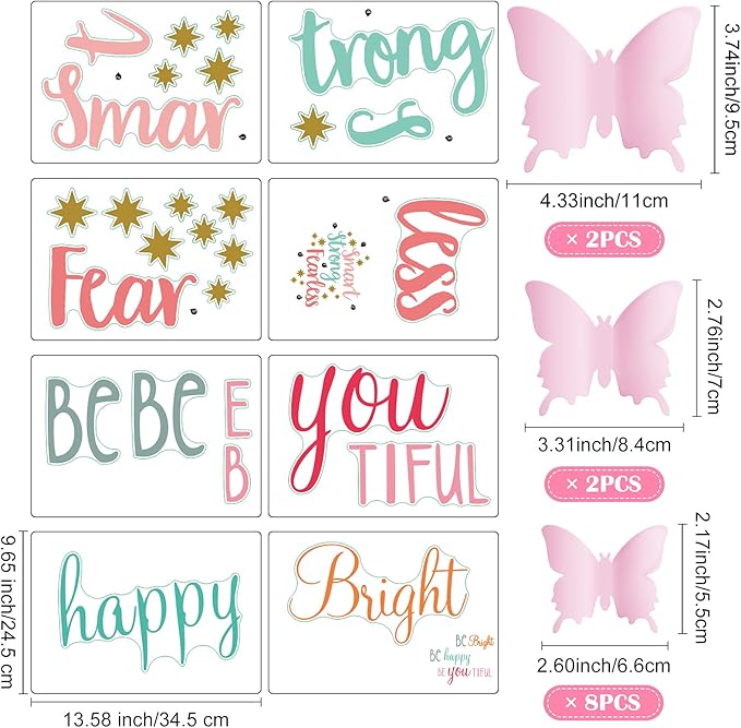 Chinco 20 Sheets Inspirational Quotes Wall Decals Stickers for Girls,12 Sheets Pink Pastel 3D Butterfly,Smart Strong Fearless,Be Bright Happy,Be You Tiful Sayings Art Stickers for Bedroom Living Room