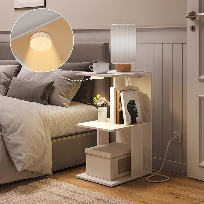 Modern End Table with Charging Station, Narrow Side Table for Small Spaces with 2 Open Storage Shelf, Narrow Nightstand with Light, Thin Bedside Table for Living Room, White ETWT18E01Z