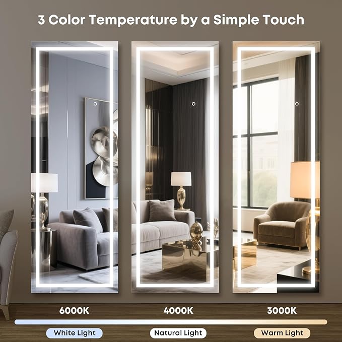 Kosmonia 59x16 Frameless Full Length Mirror, Dimmable 3 Color LED Light w/Memory Function, Distortion Free, HD Reflection & Anti Desilvering, Tempered Glass & Shatter Proof Film Doubling Safety