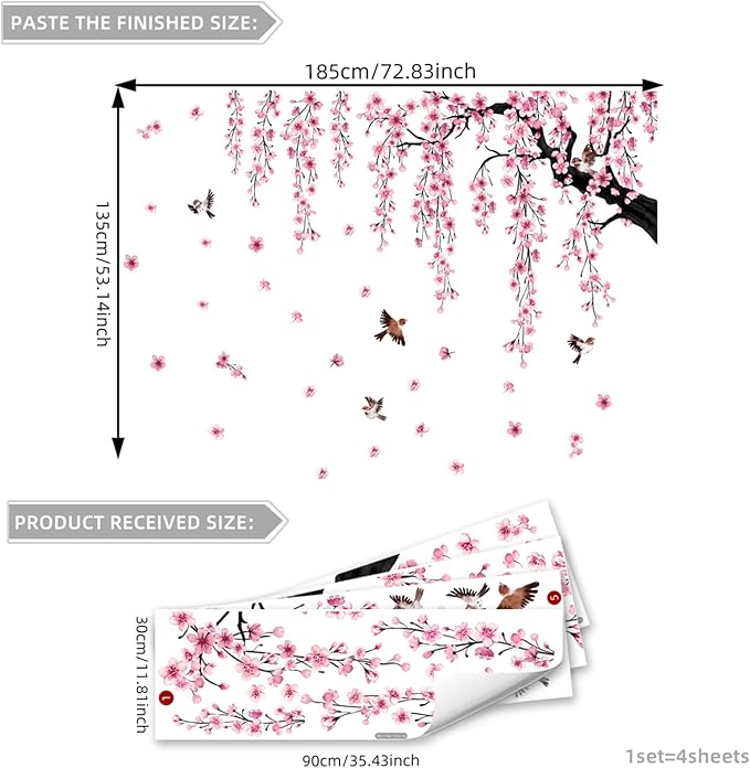 Lilac Wall Decoration Large Cherry Blossom Tree Wall Stickers, 4 Sheets Spring Pink Flower Bird Wall Decals Peel and Stick Wall Murals Decor for Living Room Bedroom (Pink, 11.8 * 35.4inch)