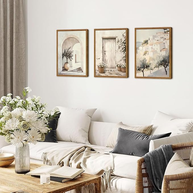 Framed Vintage Italian Wall Art Set of 3, Rustic Neutral Olive Tree Pictures Wall Decor, Mediterranean Farmhouse Landscape Paintings Canvas Prints Country Home Decor for Living Room Bedroom 12x16 inch