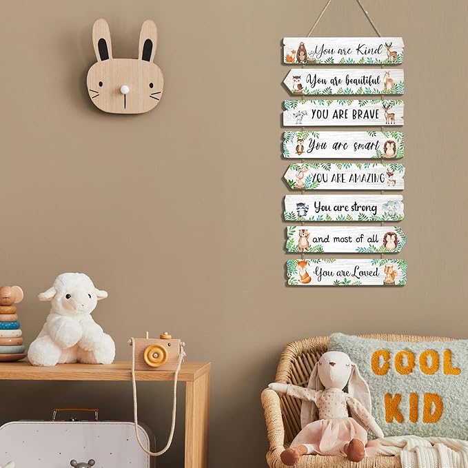 Inspirational Girl Room Decor Aesthetic Art Wall Hanging Sign Inspiring Colorful Rainbow Wooden Decoration for Kids Teens Toddler Boy Baby Bedroom Nursery Dorm Decor, 6-12 Years old (Woodland Animal)