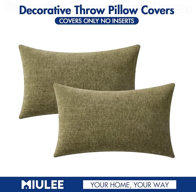 MIULEE Pack of 2 Couch Throw Pillow Covers 12x20 Inch Soft Olive Green Chenille Lumbar Pillow Covers for Sofa Living Room Solid Dyed Cases
