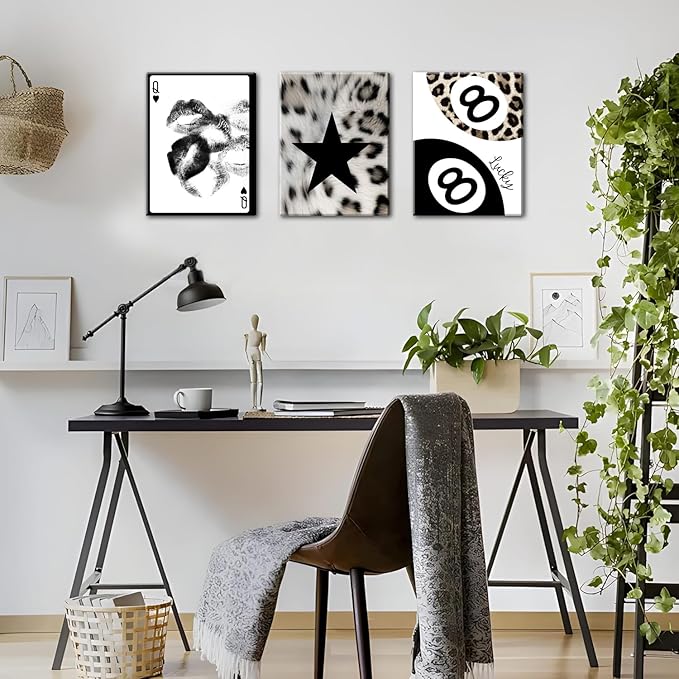 Trendy Leopard Wall Art Set of 3, Black and White Cheetah Wall Decor Paintings, Lips Star Lucky 8 Ball Poster Canvas Prints for Bedroom Living Room 16x24 inch Framed