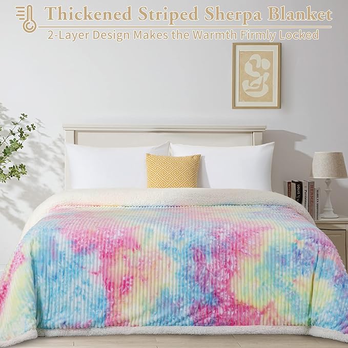LBRO2M Sherpa Fleece Bed Blanket King Size,Striped Throw Blankets Super Soft Fuzzy Plush,Luxury Microfiber Warm Cozy Fluffy,Velvet Double Reversible Luxurious Couch Sofa (Rainbow,(90x104 Inches))