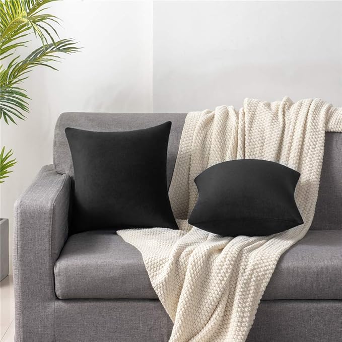 DEZENE Throw Pillow Covers 20x20 Black: Pack of 2 Cozy Soft Velvet Square Modern Luxury Decorative Throw Pillow Cases for Sofa Couch Living Room Bed Home Decor