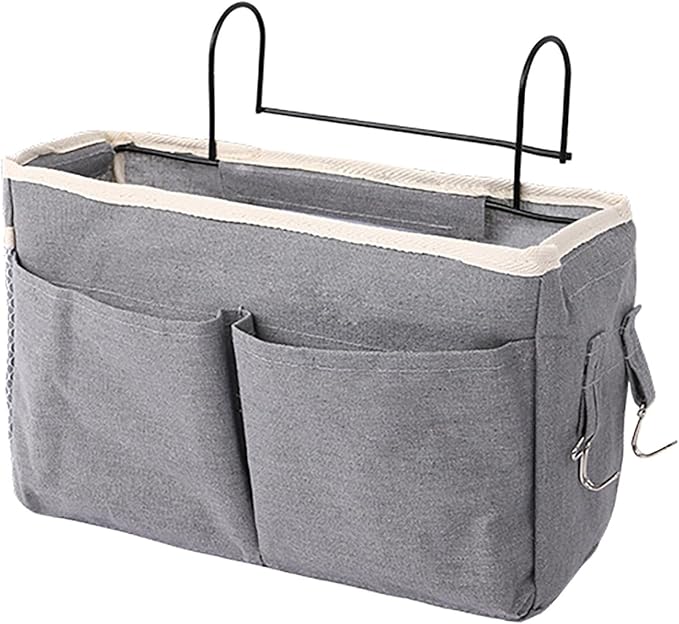 Bedside Caddy, Large Capacity Hanging Bedside Organizer with Side Hooks and 2 Pockets,Durable Versatile Bedside Caddy for Dorm Bed Phone Hospital College Magazine Remote Control Laptop Books (Grey)
