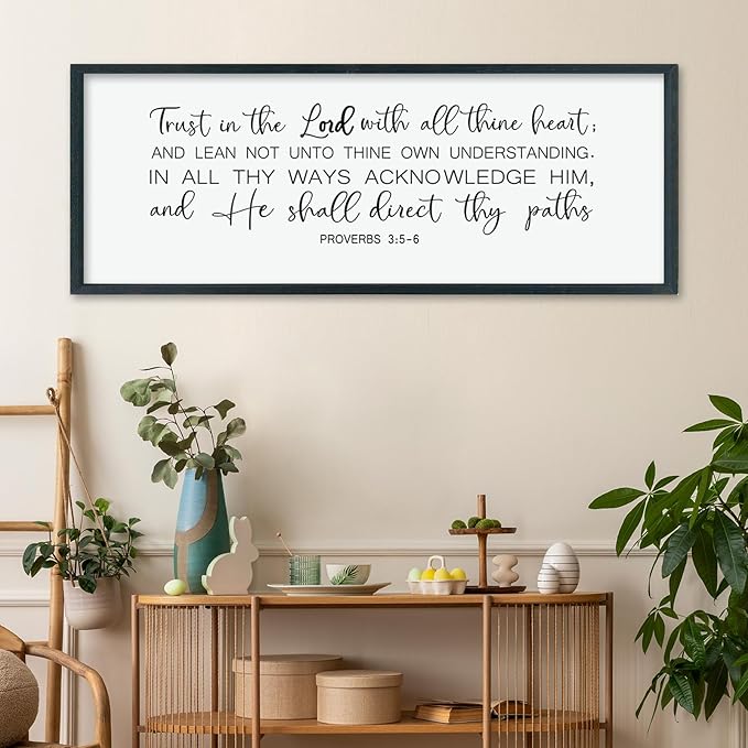 LuZhiQiang Christian Wall Art Proverbs 3:5-6 Bible Verse Trust in The Lord Sign 40"×15" Inspirational Religious Decor for Living Room Bedroom Scripture Large Wooden Framed Wall Hanging (Black)