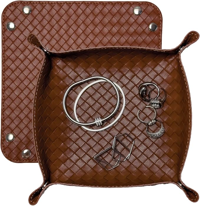 UnionBasic Small Valet Tray, Jewelry Tray for Rings Watches Earrings, Entryway Catchall Caddy for Coins Keys Change, Nightstand Bedside Valet Holder, Trays for Electronic Gadgets, Woven Leather Brown