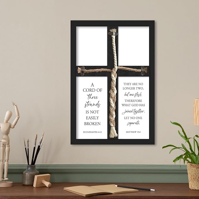 YWJKWLGS A Cord of Three Strands Wedding Ceremony Sign 15x10 Inch Anniversary Unity Knot Cross Christian Marriage Prayer Art Ideas Braid Rope Wall Decor for Couple Religious Wood Framed (Black)