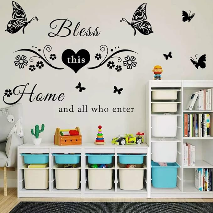 Vinyl Wall Stickers Quotes Art Decal Sticker Bless This Home and All Who Enter Wall Decals Flowers Butterfly Wall Decor Sticker for Entryway Living Room Home Decor