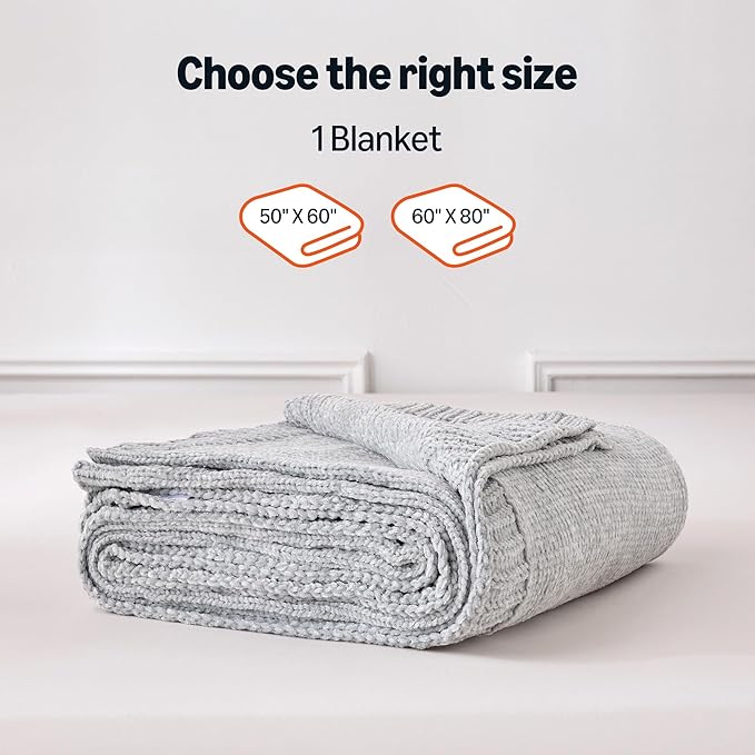 Amazon Basics Chunky Chenille Knit Microfiber Throw Blanket for Couch, Bed and Sofa, Soft and Warm Lightweight Jersey, 60"×80", Grey