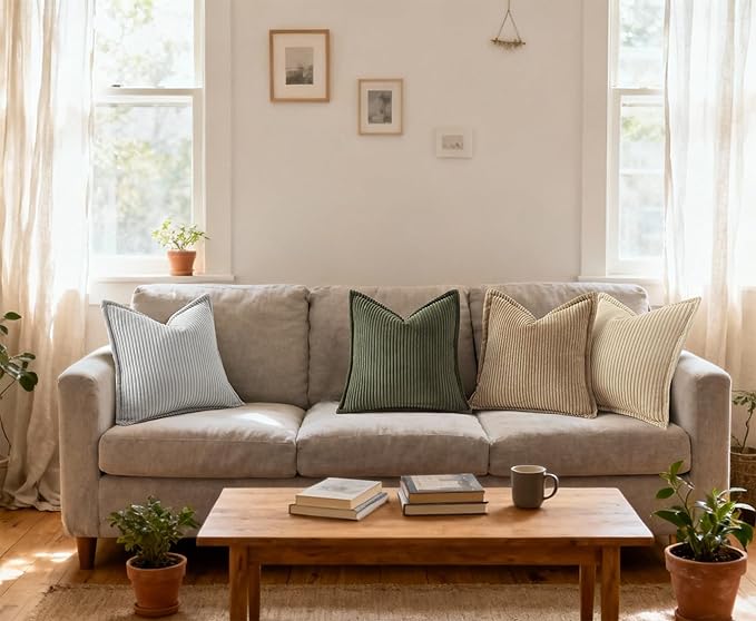 Mecatny Corduroy Throw Pillow Covers 22x22 Set of 2, Neutral Decorative Soft Boho Couch Pillow Covers with Broadside for Sofa Living Room, Khaki