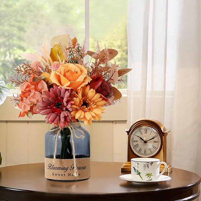 Leftover Fake Fall Flowers in Vase,Artificial Flowers with Vase,Centerpiece Table Decorations,Fall Centerpieces for Tables,Fall Kitchen Decor,Fall Flower Arrangements,Home Decor Living Room