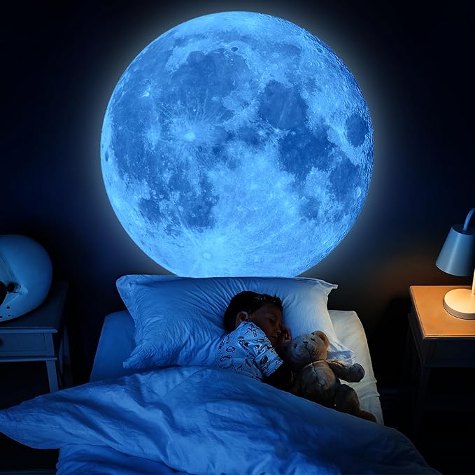 Large Glow in The Dark Full Moon Wall Stickers 6 Sheets Night Blue Luminous Moon Decals Peel and Stick Wall Decor for Kids Room Bedroom Living Room