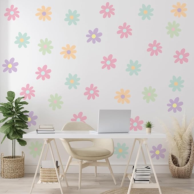 BBTO Daisy Wall Decal Flower Vinyl Wall Decals Daisy Stickers Floral Decals Peel and Stick for Nursery Art Bedroom Living Room(Simple Style,Novel Color)
