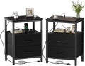 DUMOS Nightstand Set of 2 with Built in Charging Station USB Ports and Outlets Adjustable Fabric Drawer Storage Bedside Table with Open Shelf for Bedroom,Black
