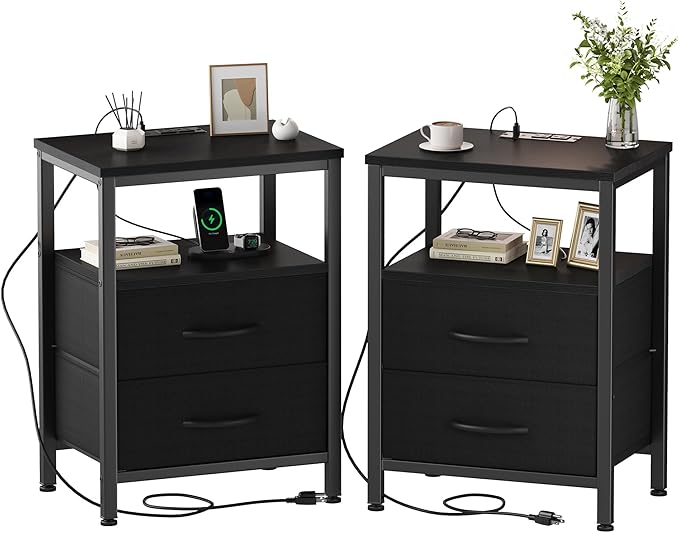 DUMOS Nightstand Set of 2 with Built in Charging Station USB Ports and Outlets Adjustable Fabric Drawer Storage Bedside Table with Open Shelf for Bedroom,Black